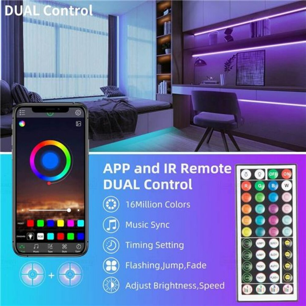 100ft RGB LED Strip Lights Music Sync Color Changing with App Remote Control - Picture 5 of 7